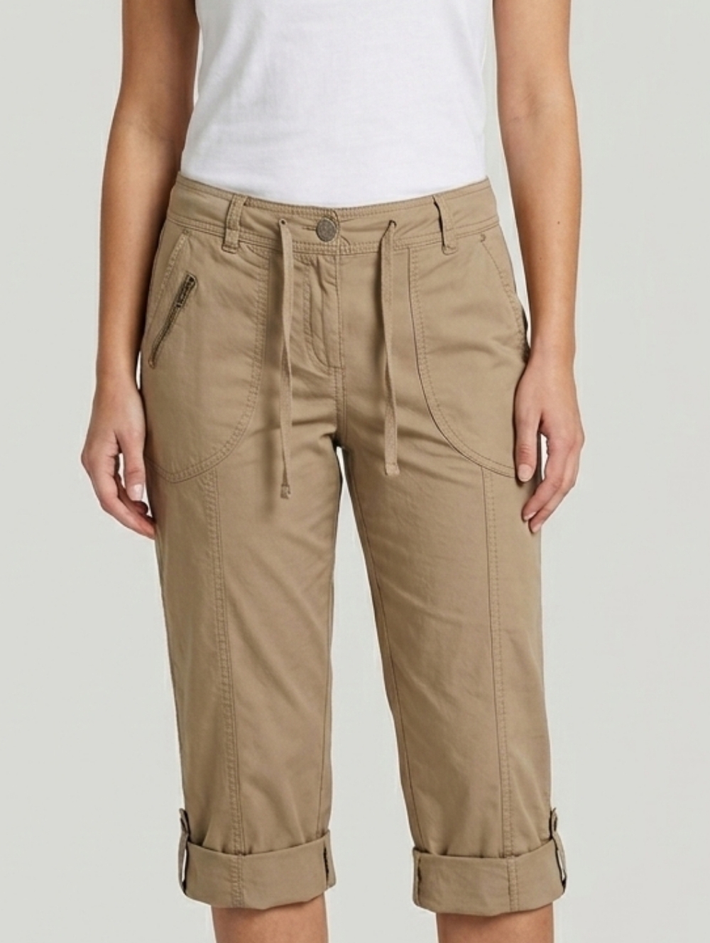 Mosaïc Collection Taupe Capri Pants,Drawstring Waist,Hiking Capris,Size 12
